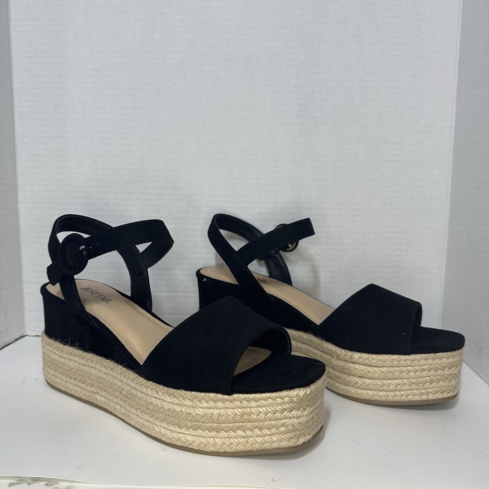 JustFab Womens Sandals 10 Black Velvet Espadrille Ankle Strap Platform Wedge‎